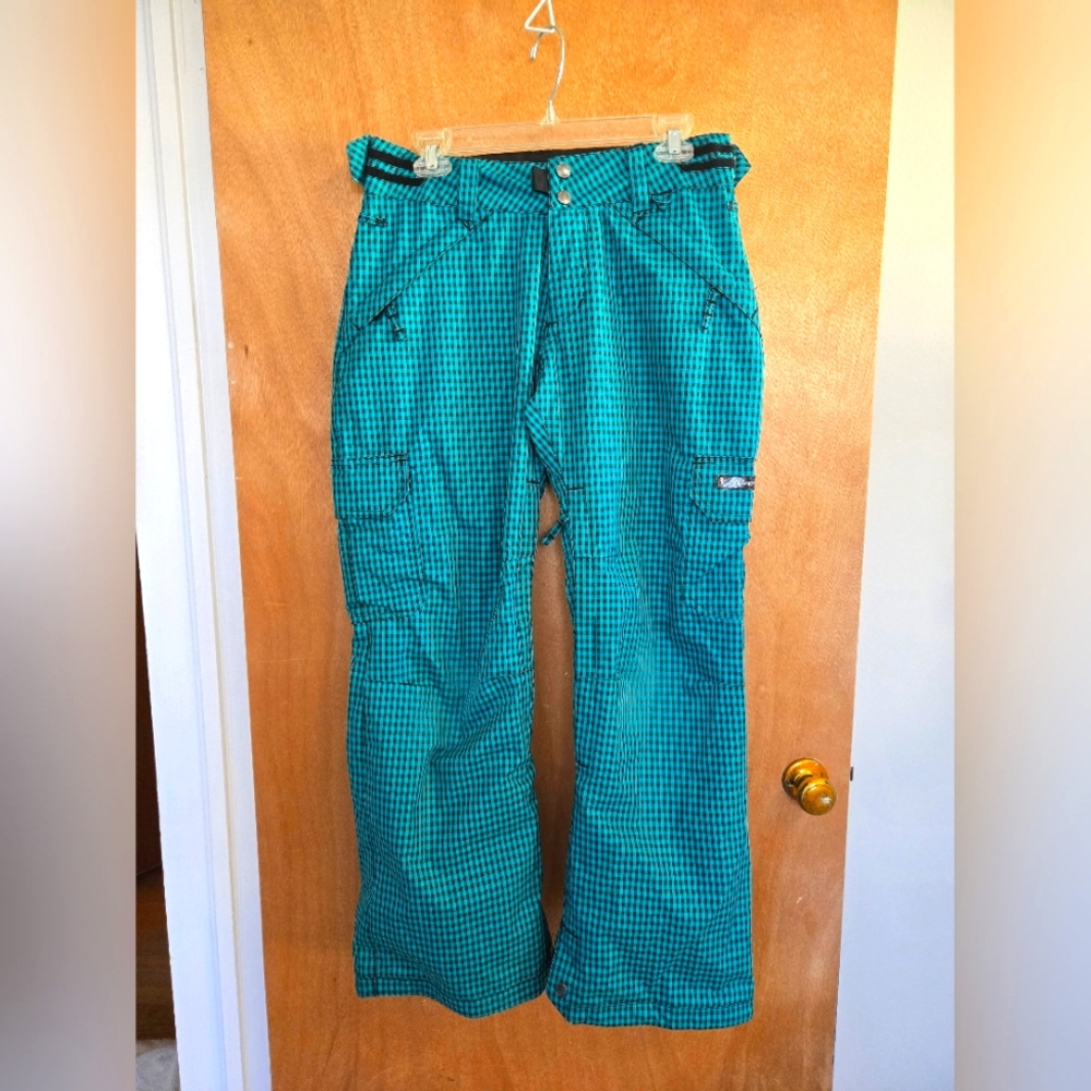 Ride women's snowboarding pants, teal and black plaid